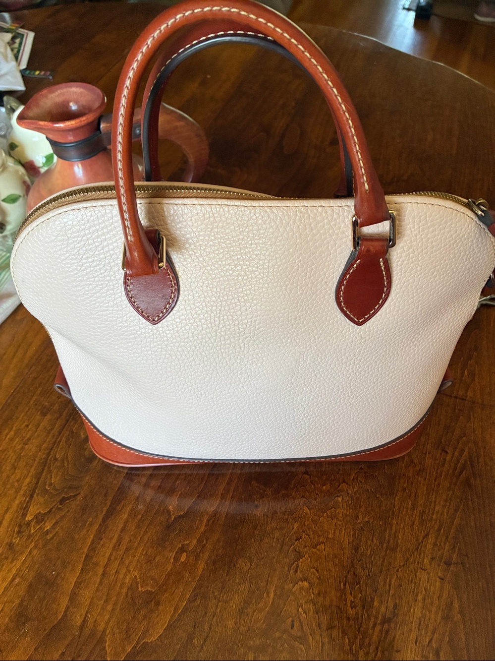 Dooney & Bourke Cream Pebbled Leather Satchel with Brown Trim - Picture 3 of 9